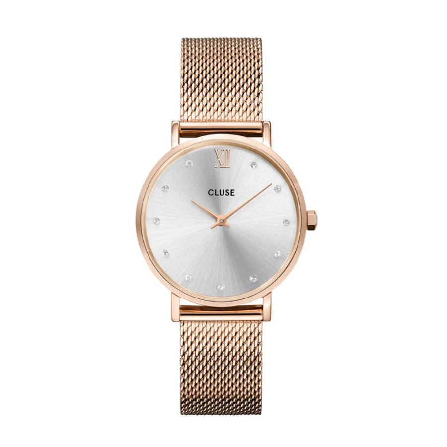 Watches Cluse | Cluse Minuit Rose Gold Silver Crystals/Rose Gold Mesh