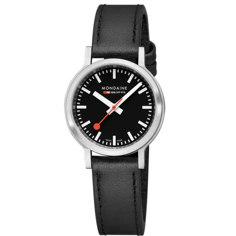 Watches Mondaine | Super-Luminova Black Vegan Leather 34Mm Watch