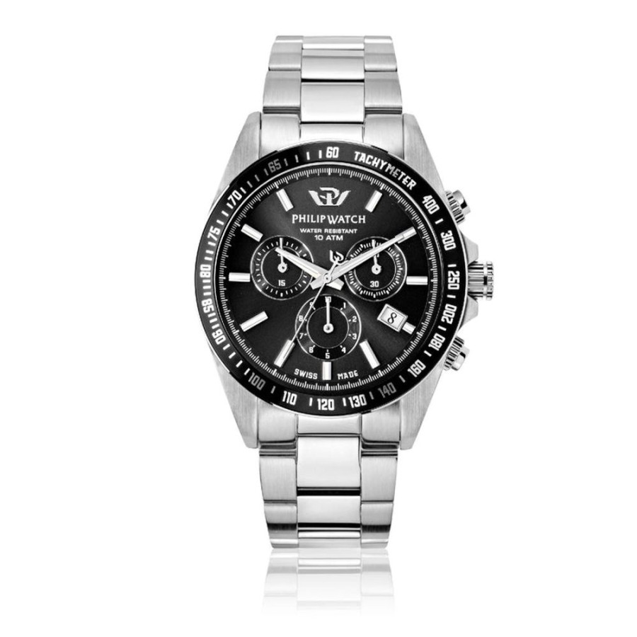 Watches Philip Watch | Philip Caribe Black Stainless Steel Bracelet Chronograph