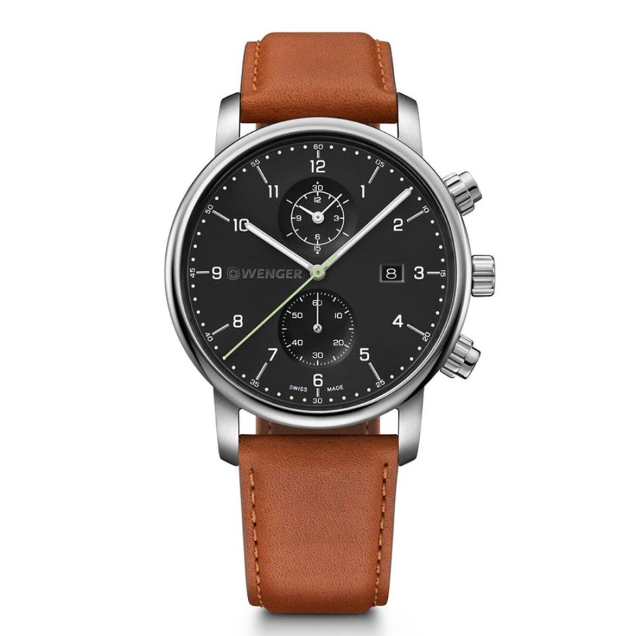 Watches Wenger | Urban Classic Chrono Black Dial Brown Strap Watch