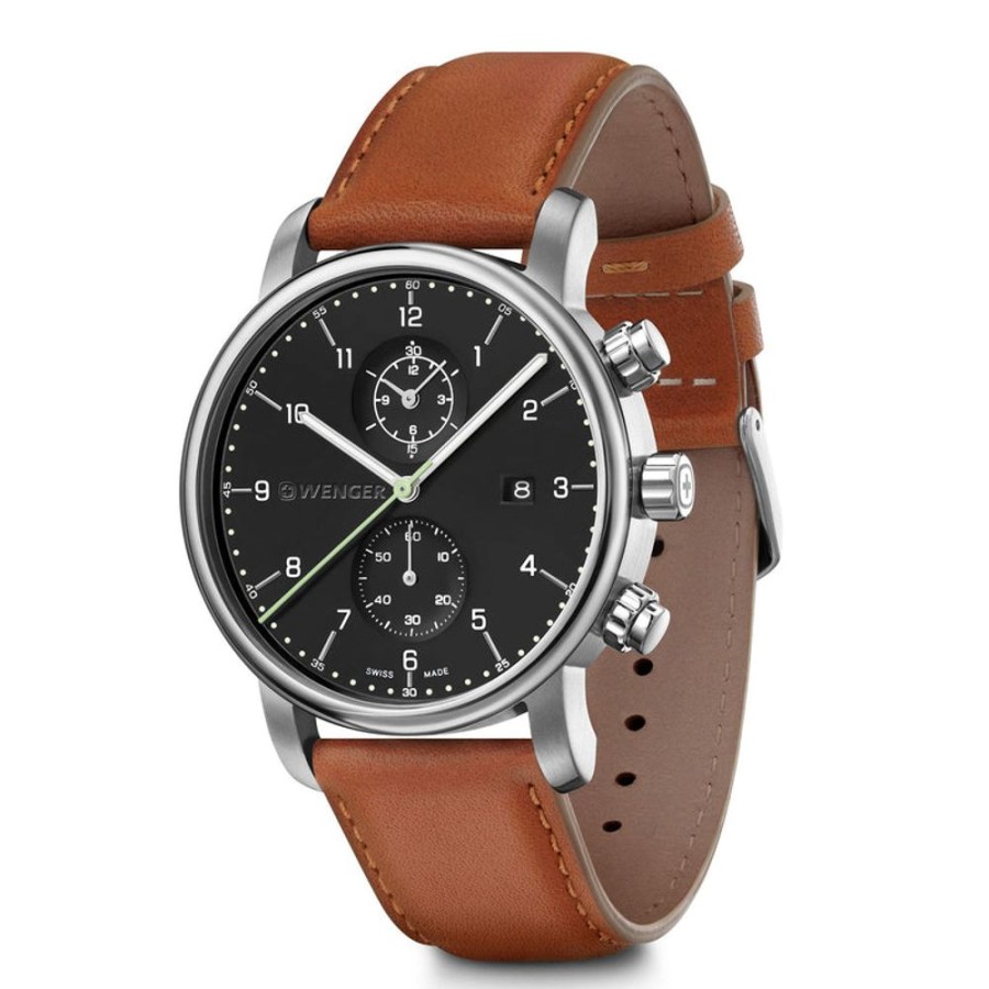 Watches Wenger | Urban Classic Chrono Black Dial Brown Strap Watch