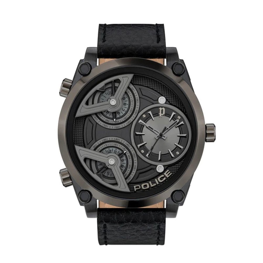 Watches Police | Wing Black Leather Strap Watch