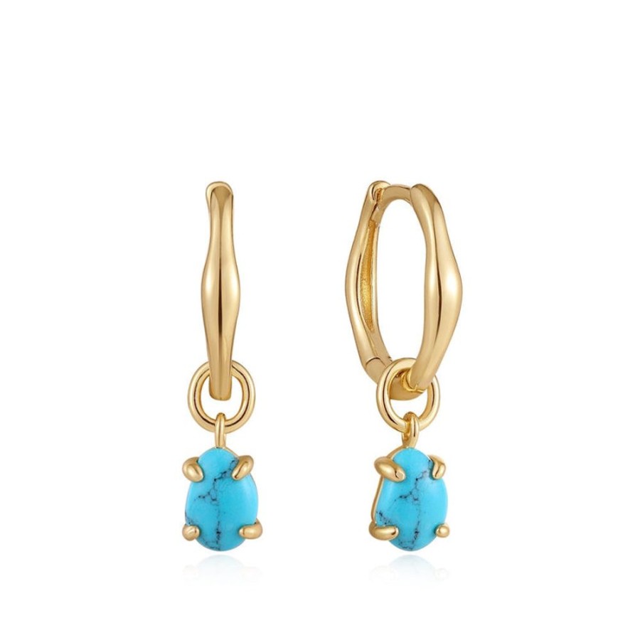 Jewellery Ania Haie | Gold Turquoise Drop Wave Huggie Hoop Earrings