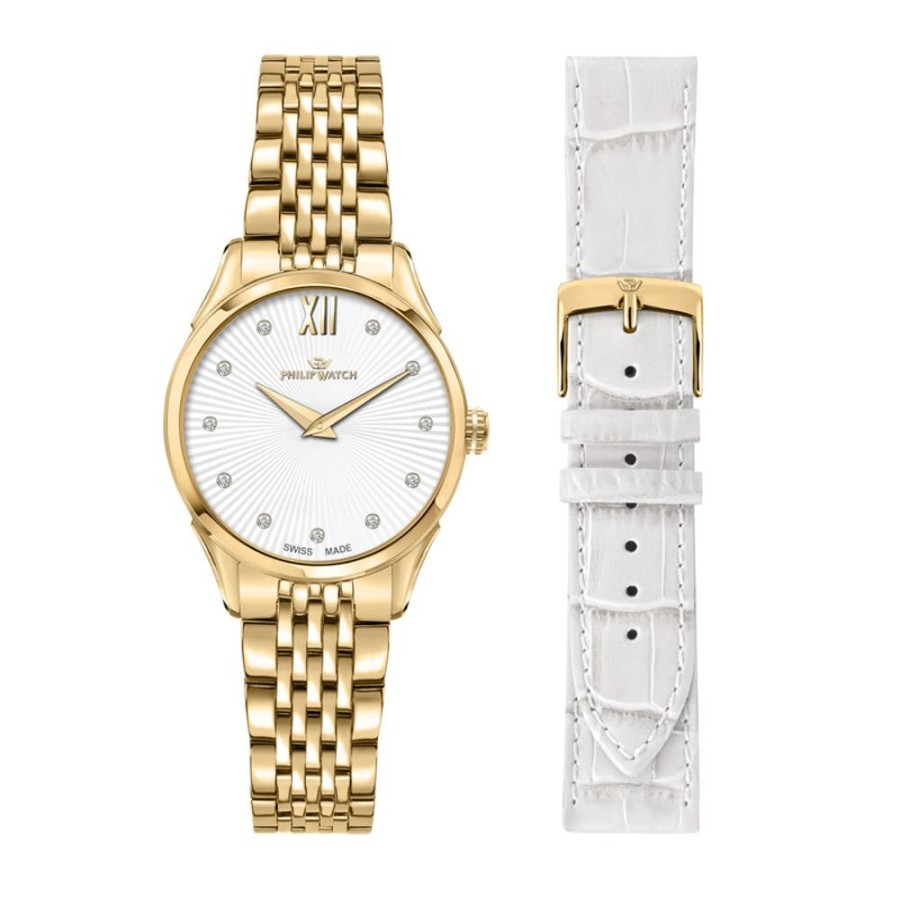 Watches Philip Watch | Philip Roma Gold Watch With Interchangeable White Strap