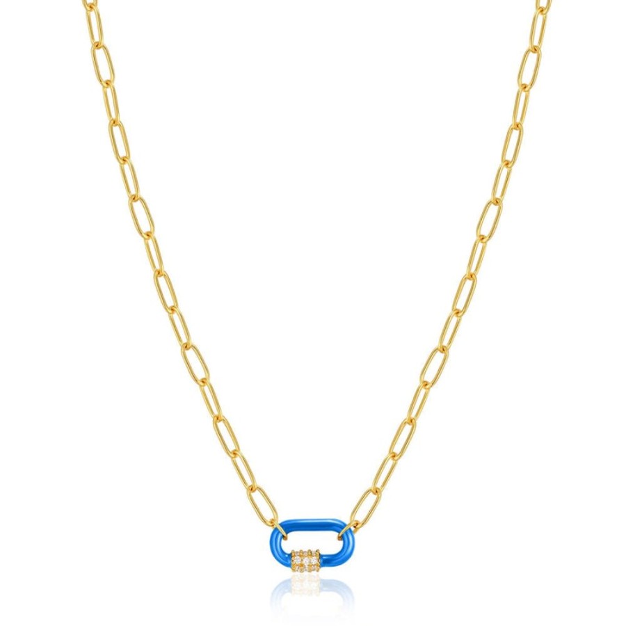 Jewellery Ania Haie | Neon Blue Enamel Carabiner Gold Necklace