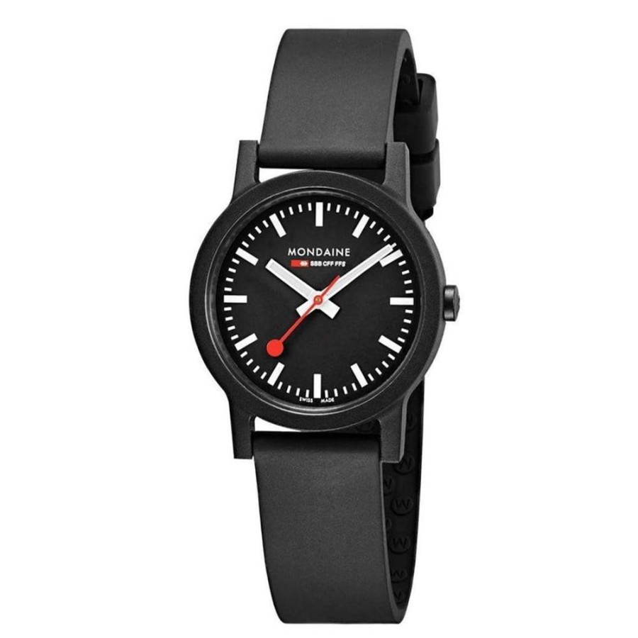 Watches Mondaine | Essence Black Dial Rubber Strap Watch