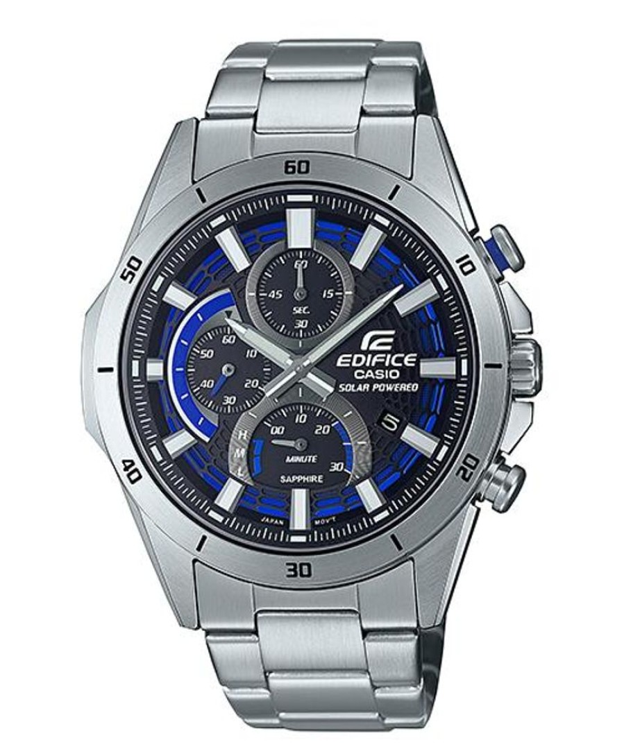 Watches Casio | Edifice Black With Blue Dial Chronograph Metal Band Watch