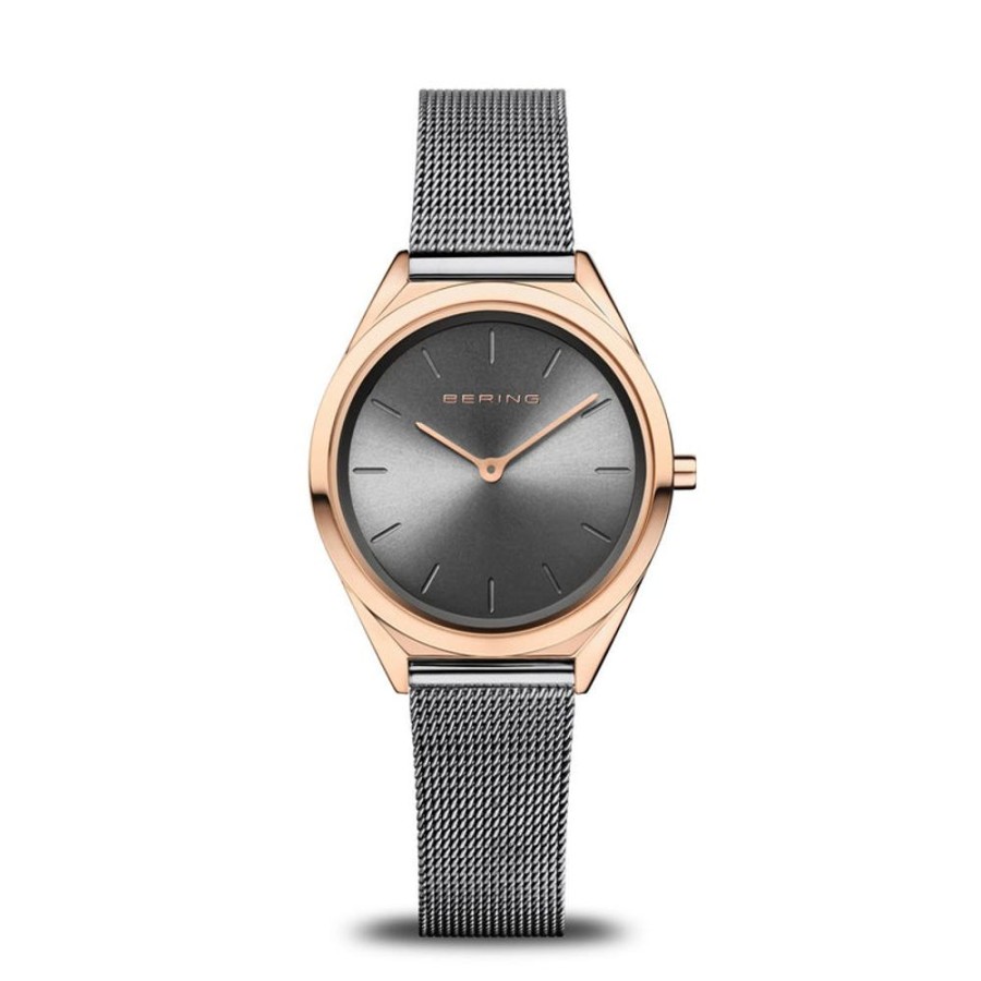 Watches Bering | Ultra Slim Polished Rose Gold Grey Mesh Watch