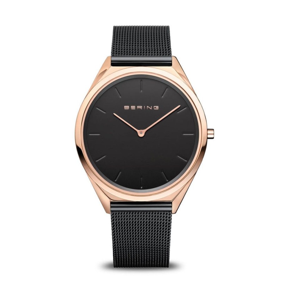 Watches Bering | Ultra Slim Polished Rose Gold Black Mesh Watch