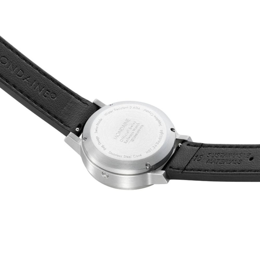 Watches Mondaine | Black Vegan Leather 34Mm Watch