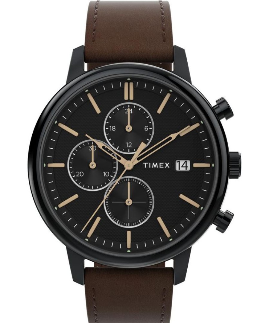 Watches Timex | Chicago 45Mm Leather Black Dial Watch