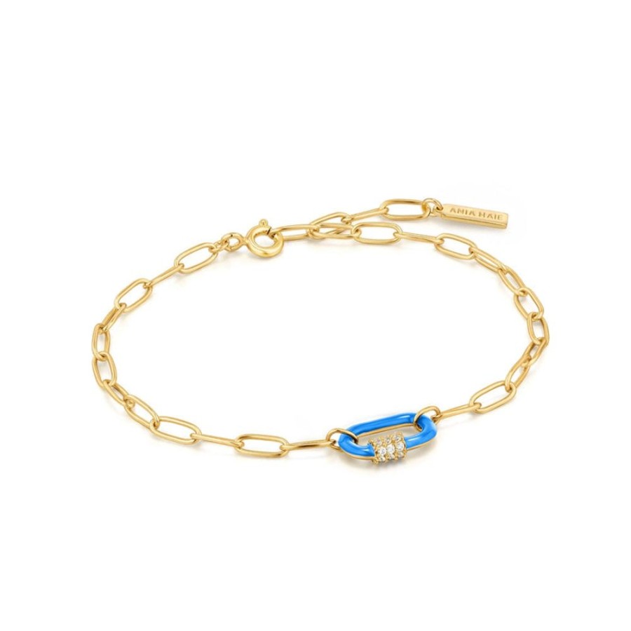 Jewellery Ania Haie | Neon Blue Enamel Carabiner Gold Bracelet