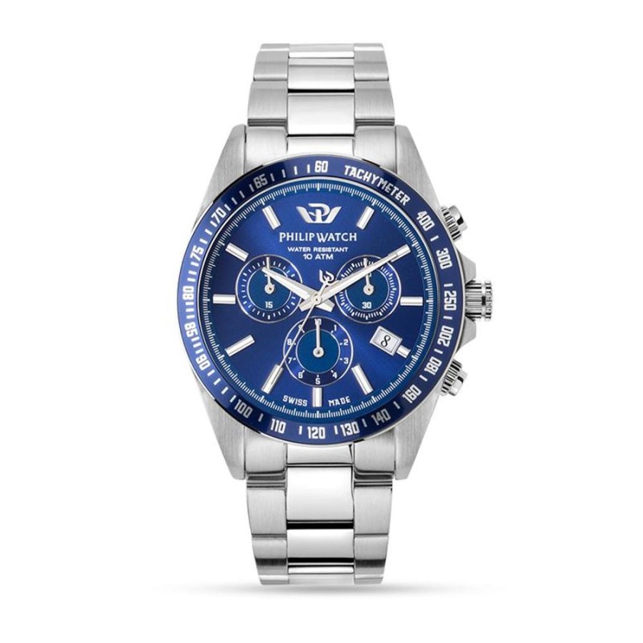 Watches Philip Watch | Philip Caribe Blue Sunray Silver Bracelet Chronograph