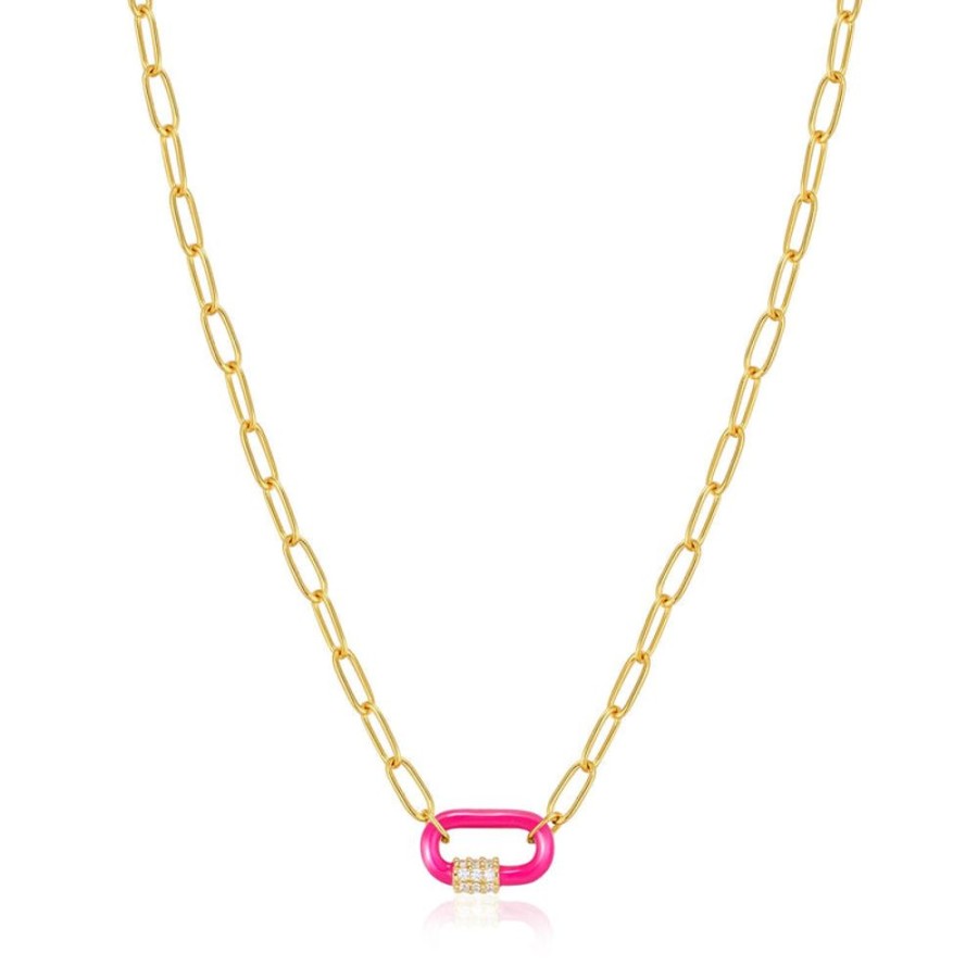 Jewellery Ania Haie | Neon Pink Enamel Carabiner Gold Necklace