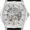 Watches Bulova | Sutton Skeleton Automatic Black Leather Band