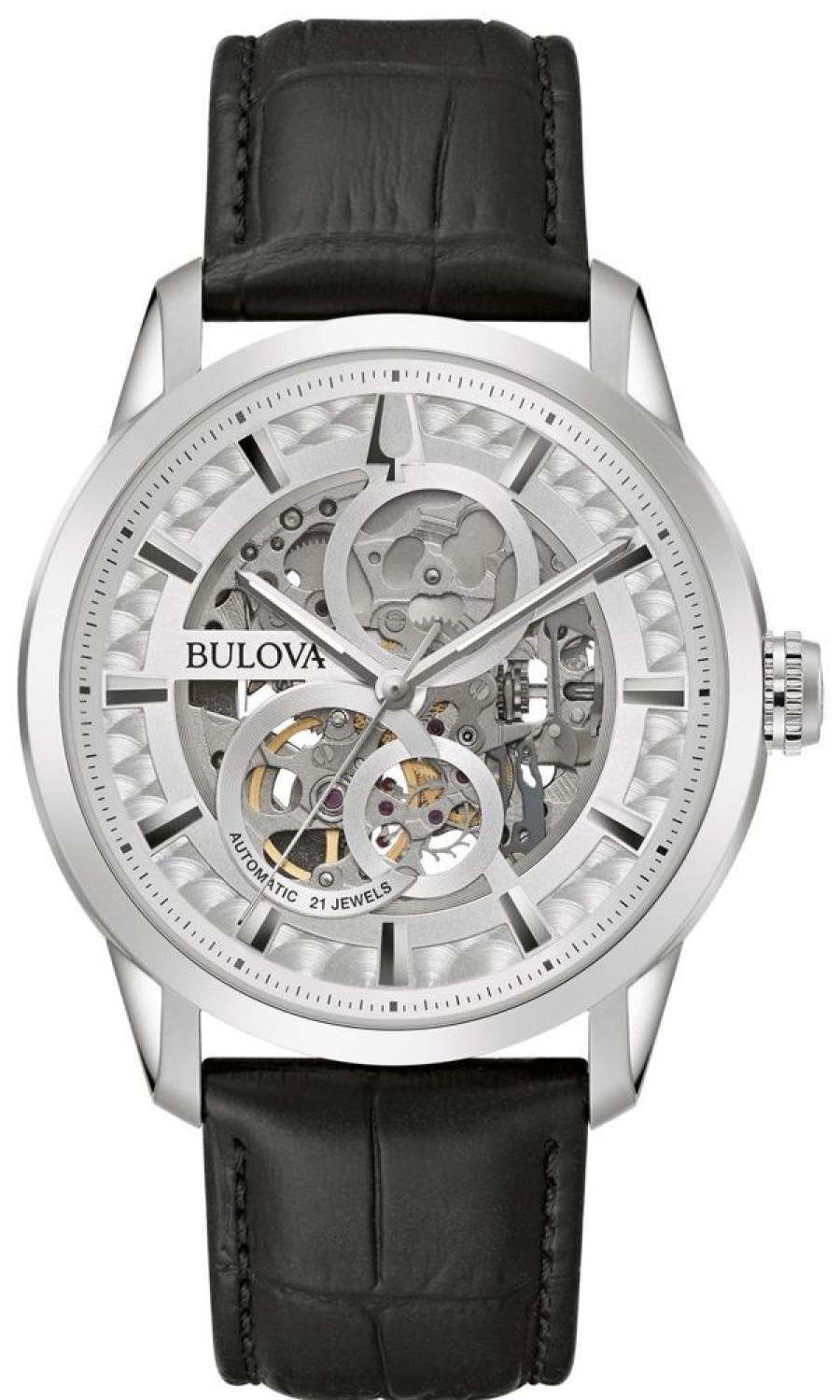 Watches Bulova | Sutton Skeleton Automatic Black Leather Band