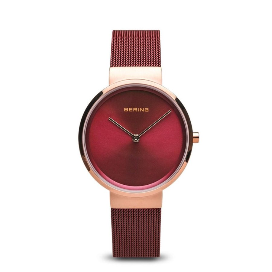 Watches Bering | Classic Brushed Rose Gold Red Mesh Watch