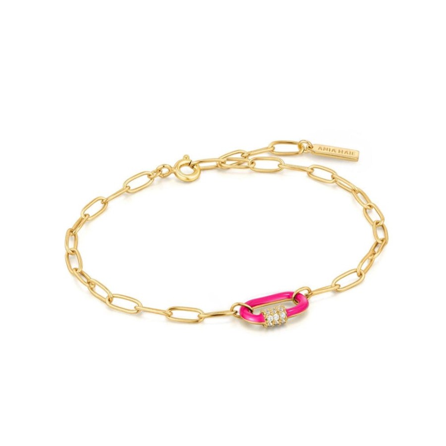 Jewellery Ania Haie | Neon Pink Enamel Carabiner Gold Bracelet