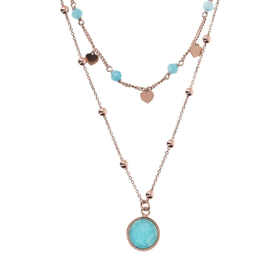 Jewellery Bronzallure | Two Strands Necklace With Natural Stone And Golden Rose Hearts