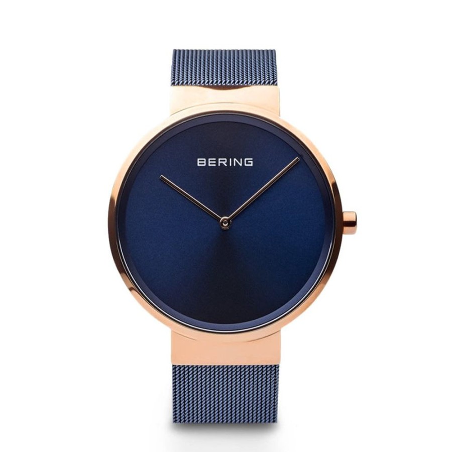 Watches Bering | Classic Polished Rose Gold 39Mm Blue Mesh Watch