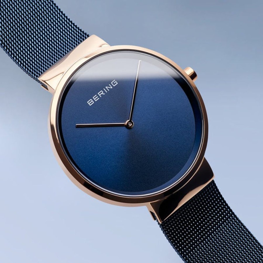 Watches Bering | Classic Polished Rose Gold 39Mm Blue Mesh Watch