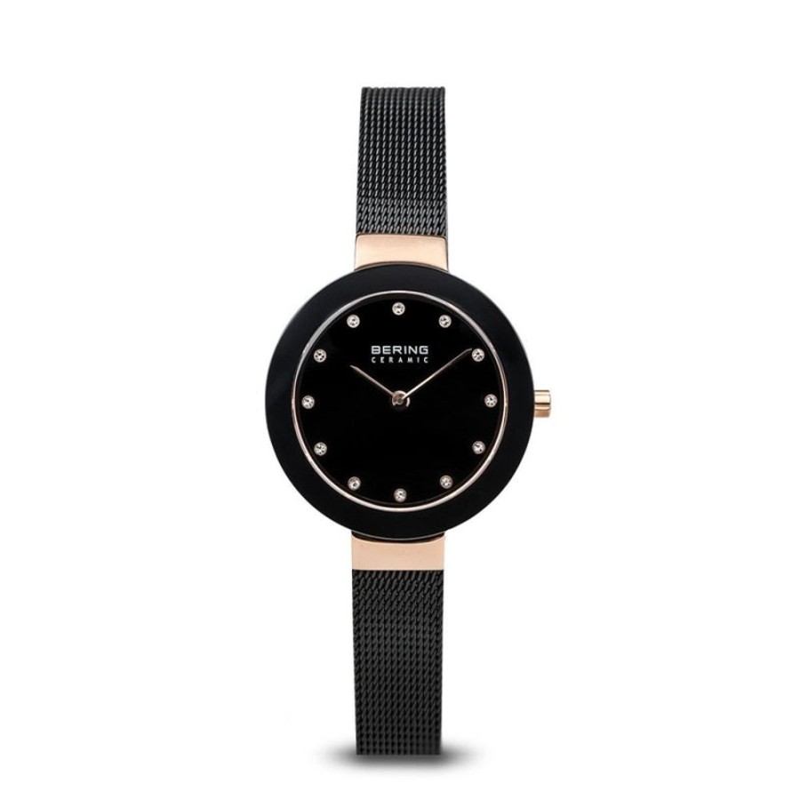 Watches Bering | Ceramic Polished Rose Gold Black Mesh Watch