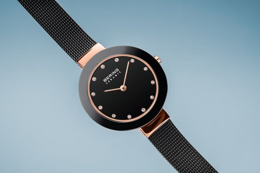 Watches Bering | Ceramic Polished Rose Gold Black Mesh Watch