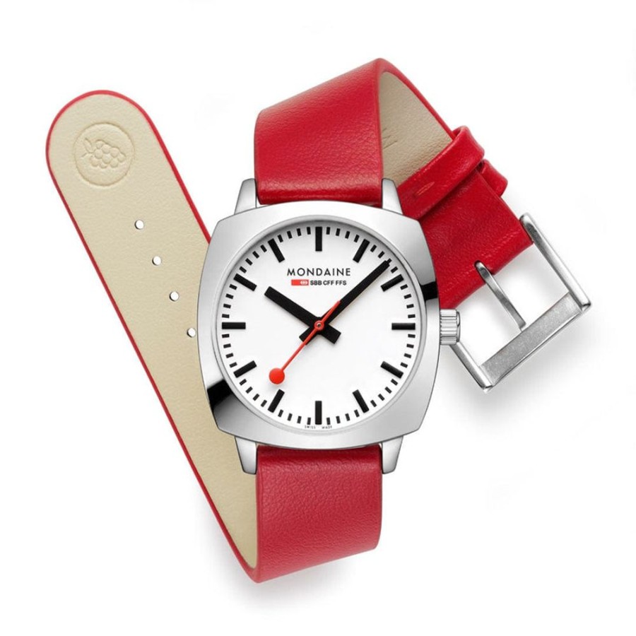 Watches Mondaine | Cushion Red Vegan Grape Leather Watch