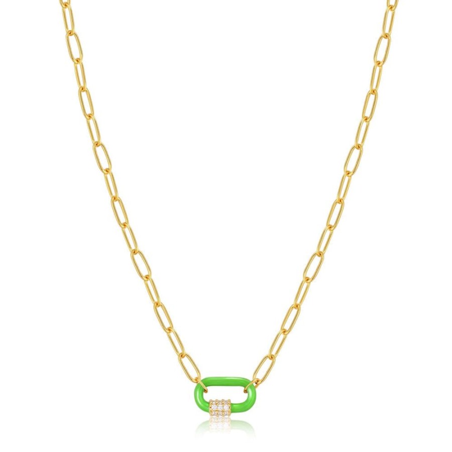 Jewellery Ania Haie | Neon Green Enamel Carabiner Gold Necklace