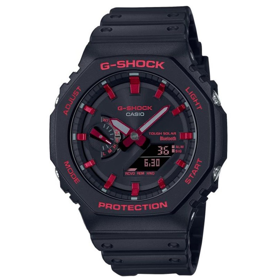 Watches G-Shock | Octagonal Black Resin Band Red Bluetooth Watch