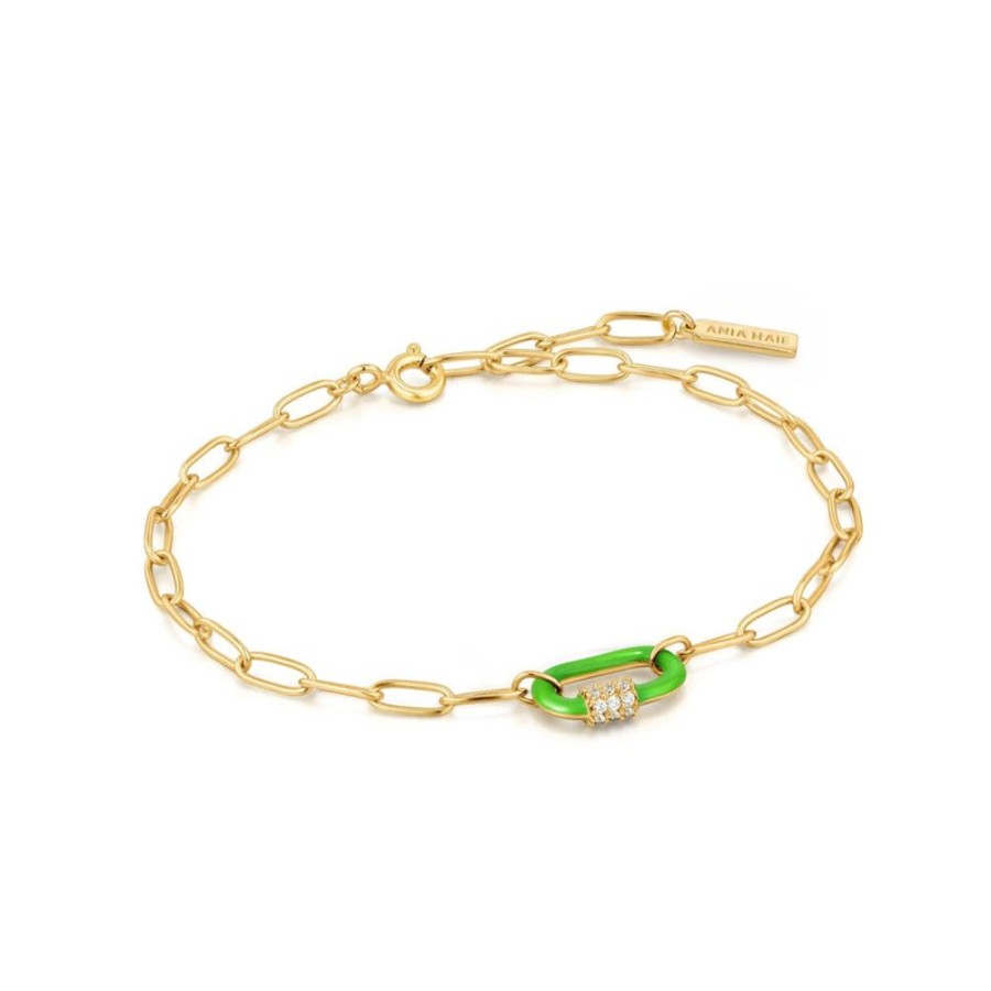 Jewellery Ania Haie | Neon Green Enamel Carabiner Gold Bracelet