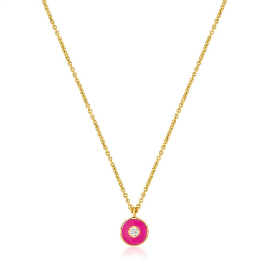 Jewellery Ania Haie | Neon Pink Enamel Disc Gold Necklace